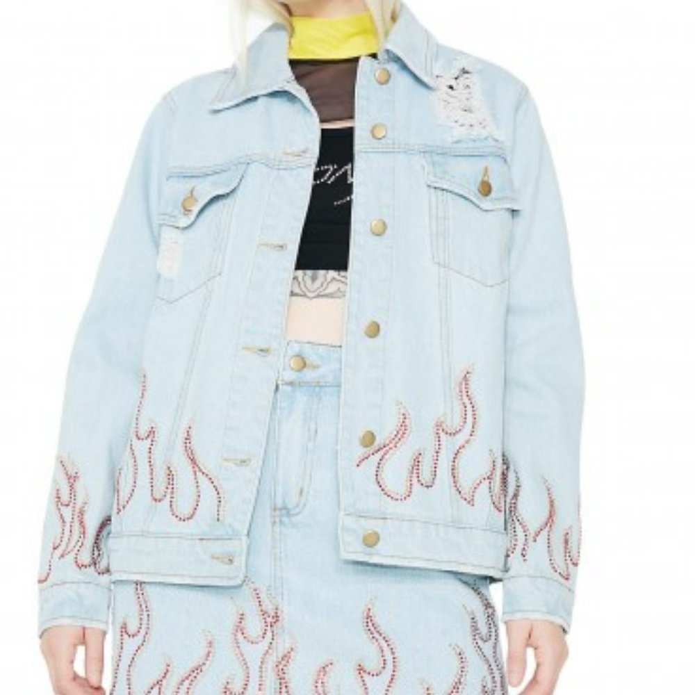 Honey Punch Flame Distressed Denim Jacket